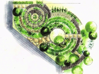 モデルガーデンの平面図です。二つの円が重なるようにデザインしています。園路を歩くのも楽しくなる。